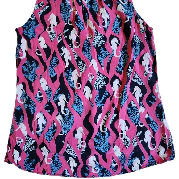 Crown & Ivy Pink Black Blue Coastal Seahorse Print Split V Neck Top Sz M - Picture 7 of 11
